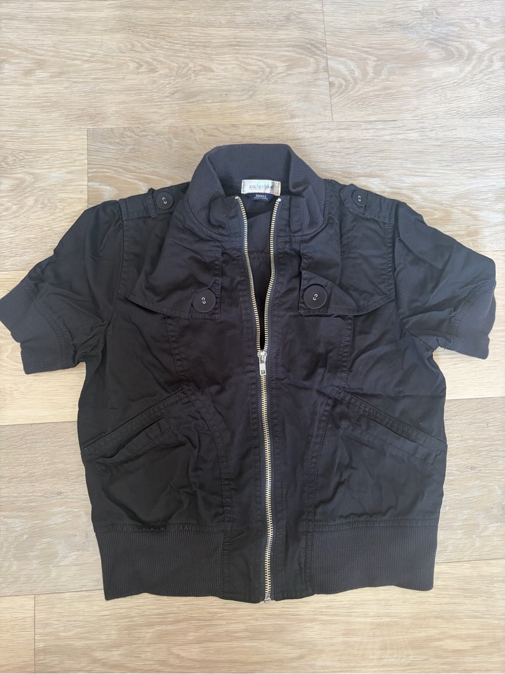 Anchor Blue Y2K Black Short Sleeve Utility Bomber Jacket Small
